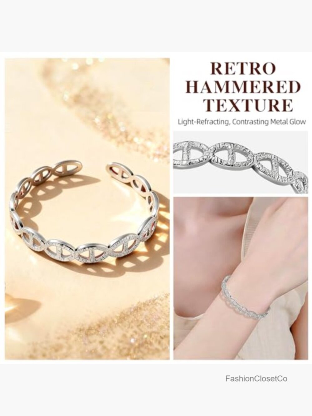 Hammered Silver Cuff Bracelet Bangle, Titanium Steel Adjustable Openwork Design - Picture 4 of 7